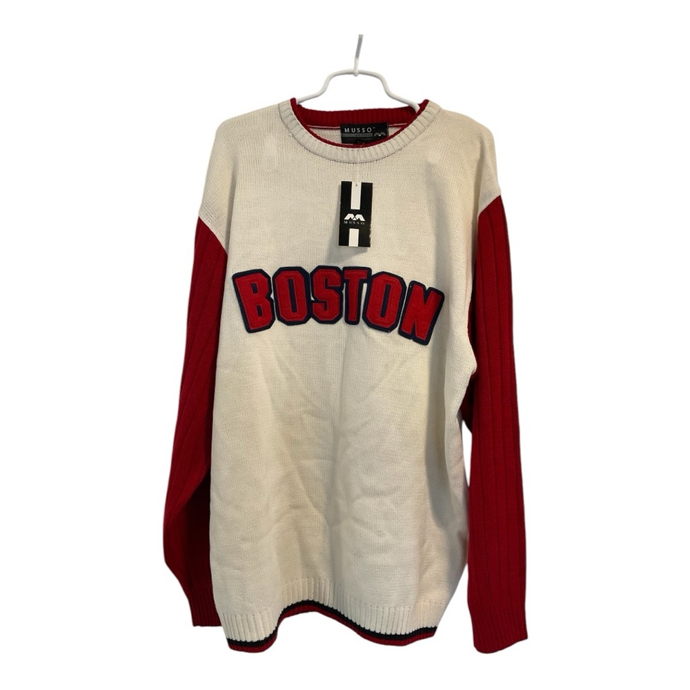 Boston Red Sox Men’s Sz L Acrylic Crew Red White Neck MUSSO 103589 Sweater NWT